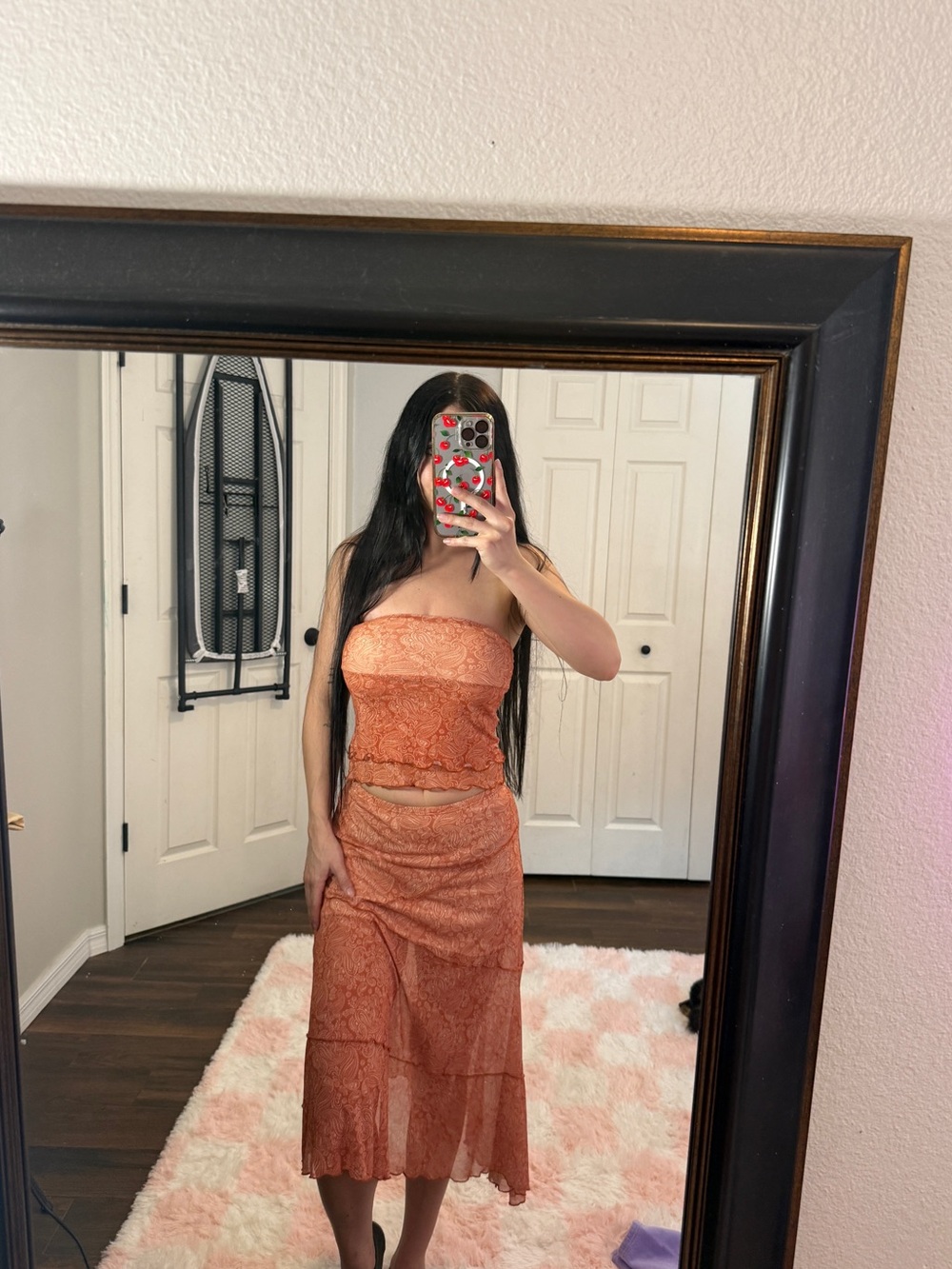 See You Monday Womens Size XS Terracotta Paisley Mesh Tube Top Midi Skirt Set